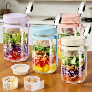 4 Pack Glass Salad Pod Mason Jar with Dressing Cup & Spork, 32 oz Salad Container to Go with Lids Meal Food Prep for Lunch, Large Travel Mason Jar Bowl with 2 Insert Dressing & Topping Holder