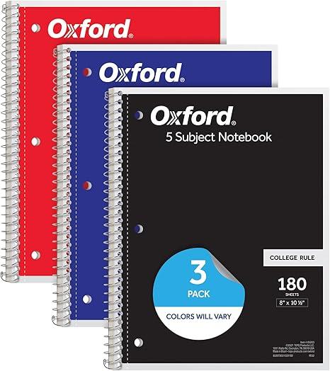 Oxford Spiral Notebooks, 3 Pack, 5 Subject, College Ruled Notebooks for School, 8 x 10.5 Inches, 180 Sheets, 4 Dividers, Assorted Colors, Back to School Supplies (65203)