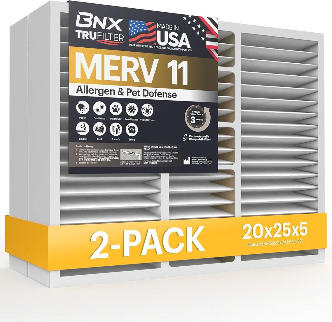 BNX TruFilter 20x25x5 (19.88 x 24.75 x 4.38 Honeywell Compatible 4) MERV 11 Air Filter (2-Pack) - MADE IN USA - HVAC AC Furnace Filters for Allergies, Dust, Pet, Smoke, Allergy MPR 1200 FPR 7