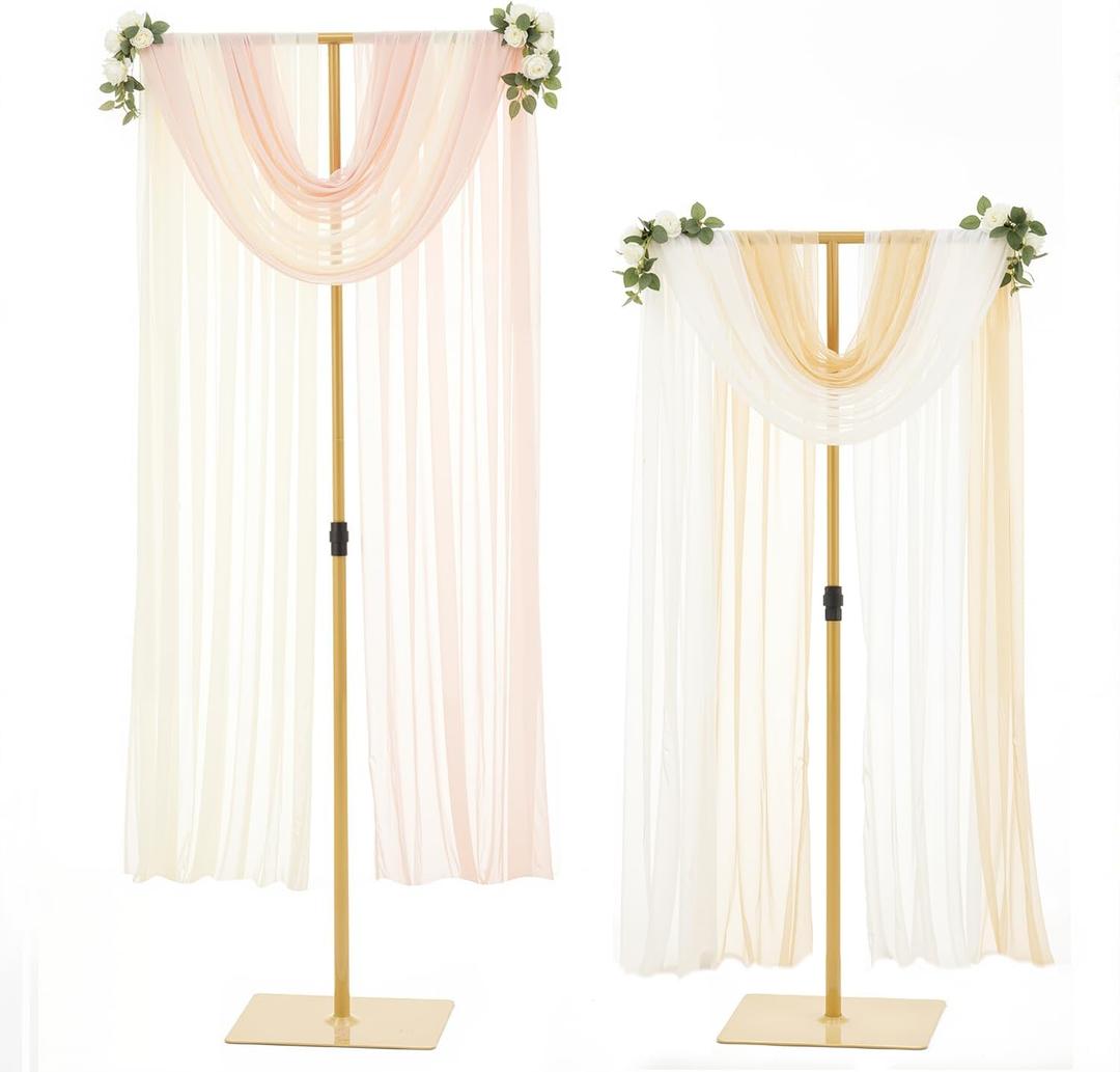 T-Shape Backdrop Stand for Wedding,Adjustable Height 2.6FT to 8FT Metal Arch Backdrop Stand for Party, Gold Wedding Arch for Ceremony,Holiday Event Decorations