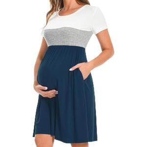 Bearsland Women’s Long Sleeve Maternity Dresses Patchwork Pregnancy Dress with Pocket XL