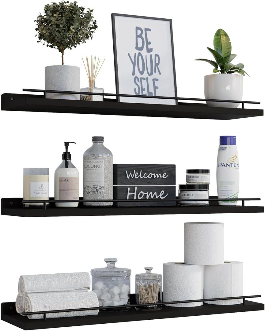 WOPITUES Floating Shelves 24 inch with Gold Metal Guardrail, Shelves for Wall Decor Set of 3, Wall Shelves for Bedroom, Bathroom, Kitchen, Living Room, Plants, Picture Frames, Art- Black (23.6 inch)