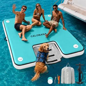 Inflatable Floating Dock with Dog Ramp for Adults & Pets | Pet Friendly, 5ft×6ft×6in(1.5×1.8×0.15m), Fits 2-3/4-7/6-9 People, Easy Inflate, Carry Bag, Connect Rope, Non-Slip Surface