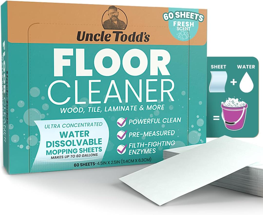 Uncle Todd's Ultra Concentrated Floor Cleaner For Mopping: 60 Natural, 100% Dissolvable Sheets for Mopping  Hardwood & Wood Floor Cleaner with Filth-Fighting Enzymes, Plastic-Free Packaging