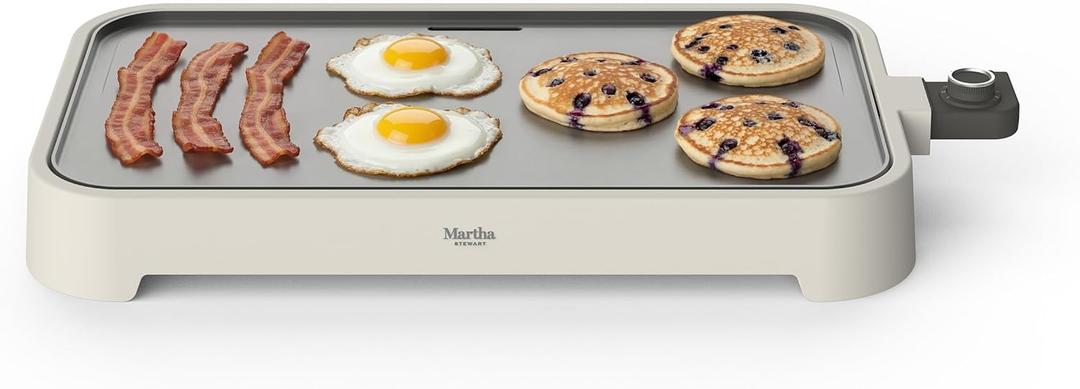 Martha Stewart 12 x 22 Electric Griddle, XL Ceramic NonstickFlat Top Cooking Surface, Adjustable Temperature Dial, Drip Tray, Dishwasher Safe, 1500W Fast Even Heating, Pancakes & Eggs, Linen White