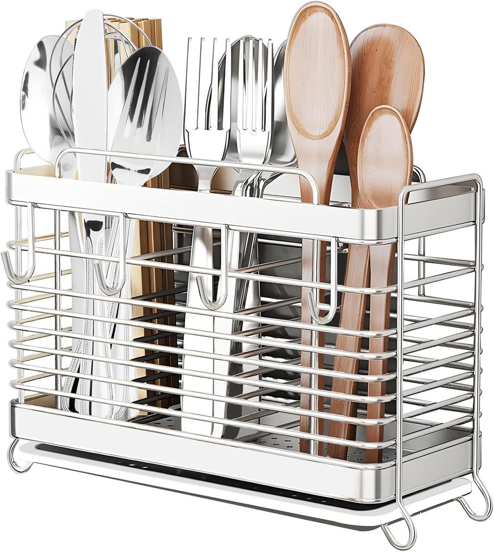 Utensil Holder, Stainless Steel Utensil Drying Rack with Drain Tray, Kitchen Counter Drainer Basket Silverware Cutlery Flatware Holder Forks, Knives, Spoons, Chopsticks Organizer (Silver) (3 Grids)