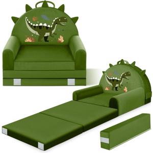 Dinosaur Kids Sofa Bed with Removable Washable Cover & Hook and Loop Backrest  Foldable Toddler Chair, Cozy Crystal Velvet Furniture for Playtime, Naps & Travel (Dark Green, Dino Design)