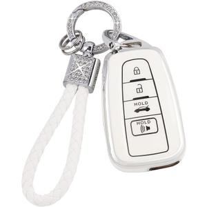 PIFOOG Key Fob Cover for Toyota Camry RAV4 Corolla C-HR Avalon Highlander Prius Smart Keys Case Shell Protector Bling Keychain Accessories 4 Button TPU Girly Women White Silver