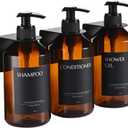 Shampoo and Conditioner Dispenser Set of 3 for Wall Mount,16.9 fl oz Drill Free Shower Soap Bottles with Labels,Refillable Body Wash Dispensers for Bathroom Decor (Amber Bottles + Black Pumps)