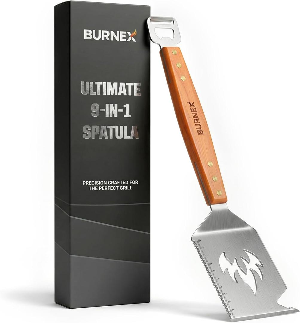 9-in-1 Grill Spatula Multifunctional 1.5mm Thick Stainless Steel BBQ Tool with Bottle Opener, Cheese Slicer & Scraper Outdoor Barbecue Grilling Gift for Men, Dad, Father's Day & Christmas