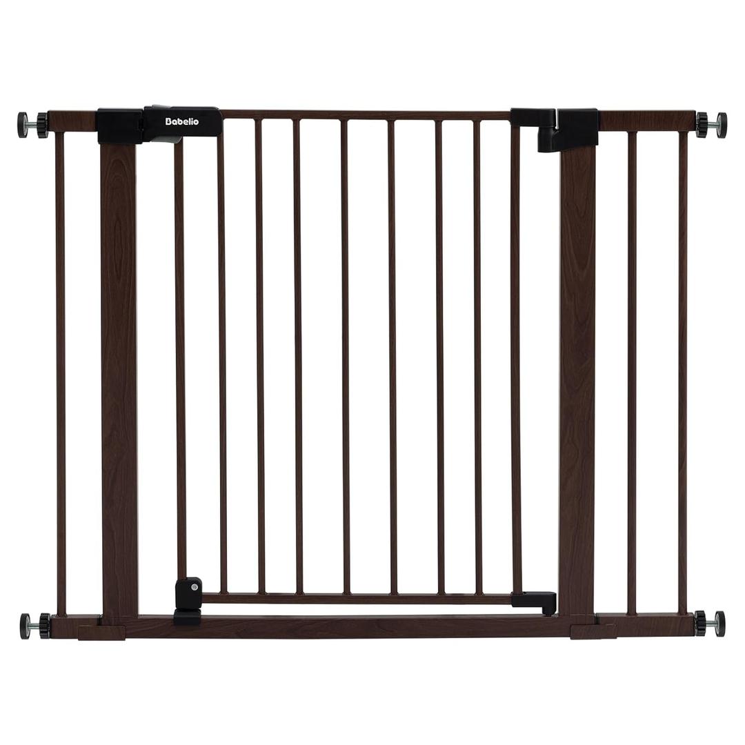 BABELIO 29-40" Metal Baby Gate with Black Wood Pattern, Auto Close Dog Door for The HouseStairs and Doorways, Pressure Mounted Pet Barrier, with Wall Protectors and Extenders