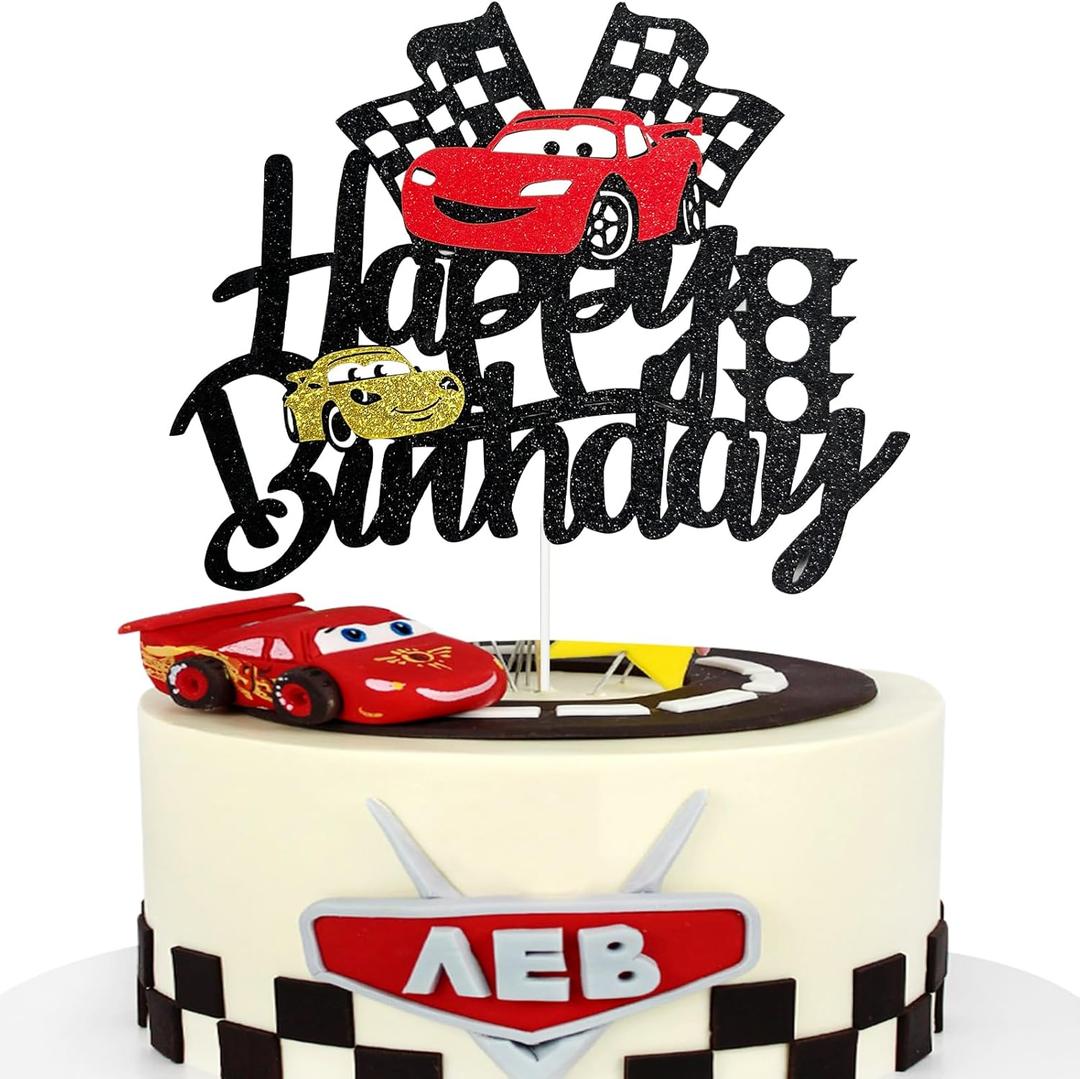 MEMOVAN Car Birthday Cake Topper Race Car Cake Decoration for Boy Girl Man Racing Car Checkered Flag Themed Birthday Party Supplies Double Sided (4)
