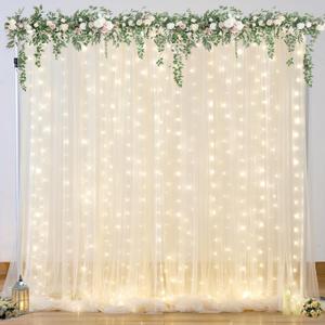 10ft x 10ft Champagne Tulle Backdrop Curtain with Lights String for Parties Wedding Bridal Shower Sheer Champagne Curtain Backdrop for Birthday Party Baby Shower Photo Booth Decorations