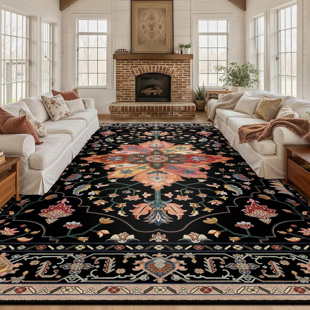 RELEANY Area Rugs 10'x12' Washable Non-Slip, Floral Vintage Distress Print Pattern Medallion Carpet for Living Room Bedroom Dining Room, Black Colorful Floral Dark Tan