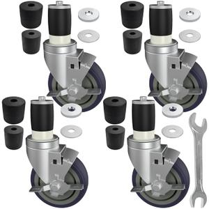 MySit 4 inch Work Table Caster Wheels for Commercial Kitchen Prep Tables, Expanding Stem Casters Set of 4 with Locking Brakes Fit Both 1-1/2" and 1-5/8" Leg Tube Adapter for Stainless Steel Worktable