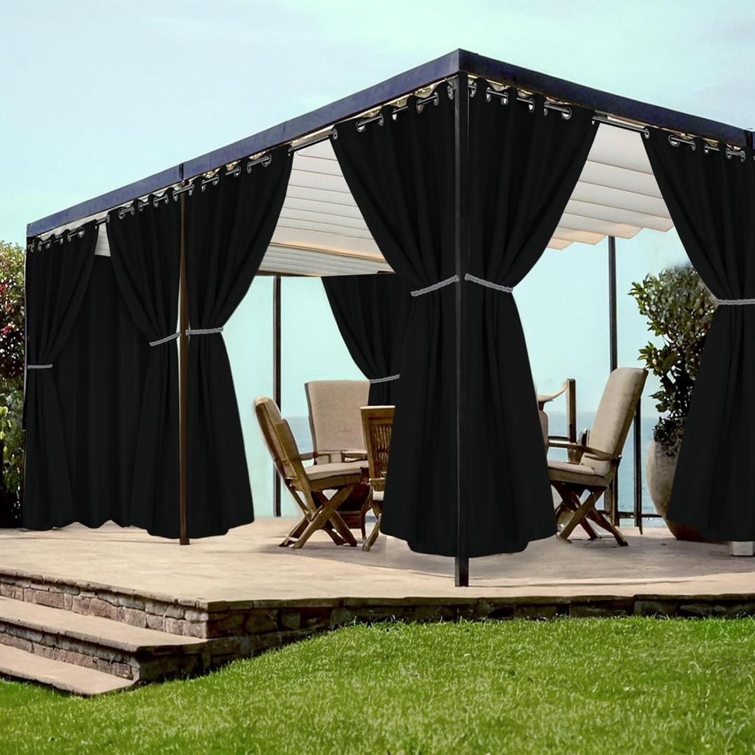 HolidayIdeas Grommet Outdoor Curtains for Patio Waterproof 8 Pcs All Weather Balcony Black Outside Curtains for Apartments, Gazebo, Pergolas, Porch, 54x120 Inch
