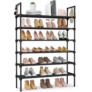LANTEFUL 6 Tier Shoe Rack for Closet Shoe Organizer with 5 Hooks, Long Shoe Shelf Storage for Shoe and Boot Stackable Free Standing Shoe Rack for Entryway, Garage, Small Spaces, Dorm, Black