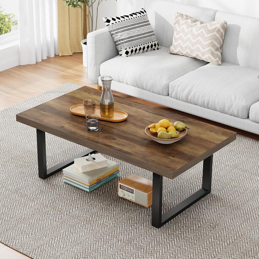 IBF Farmhouse Coffee Table, Modern Simple Wood Coffee Tables for Living Room, Industrial Minimalist Rectangle Center Table, Wood and Metal Tea Coffee Table for Home Office Bedroom, Rustic Oak, 39 in
