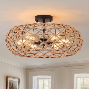 6-Light Large Coastal Boho Woven Flush Mount Ceiling Light Fixture 20 inch Handmade Hemp Rope Round Cage Semi Flush Mount Ceiling Light for Hallway Entry Farmhouse Bedroom Living Room Beach, Black