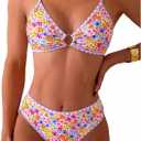 Tainehs Women's Two Piece Bikini Sets O Ring Front Top Ditsy Floral Triangle Swimsuits Cheeky Bathing Suit, Size S (Pink Flower 2)