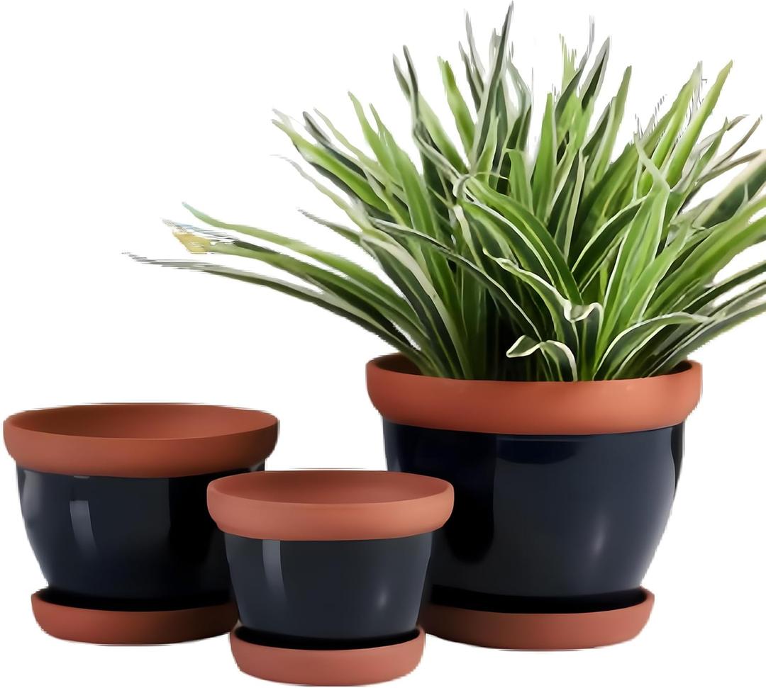 Yishang Glazed Terracotta Pots with Saucers, Set of 3, 5", 6", and 7" Sizes, Ceramic Clay Planter Pots with Drainage Holes - Black