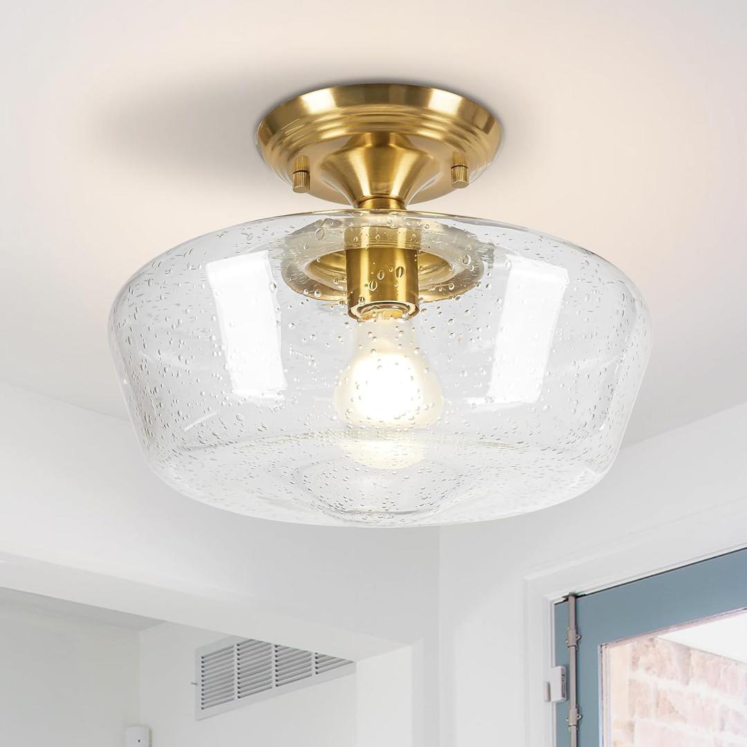 Schoolhouse Style Light Fixture, 12" Brass Semi Flush Mount Ceiling Light with Seeded Glass Globe, Close to Ceiling Lights for Kitchen Hallway Entryway