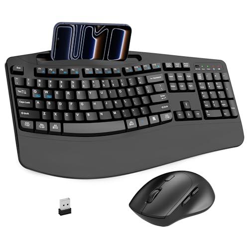 Wireless Keyboard and Mouse Combo, 2.4G Full Size Wave Keys Ergonomic Keyboard with Wrist Rest, Phone Holder, 3-Level DPI Wireless Silent Mouse with 6-Buttons, for Windows, Mac OS, Laptop, PC (Black)