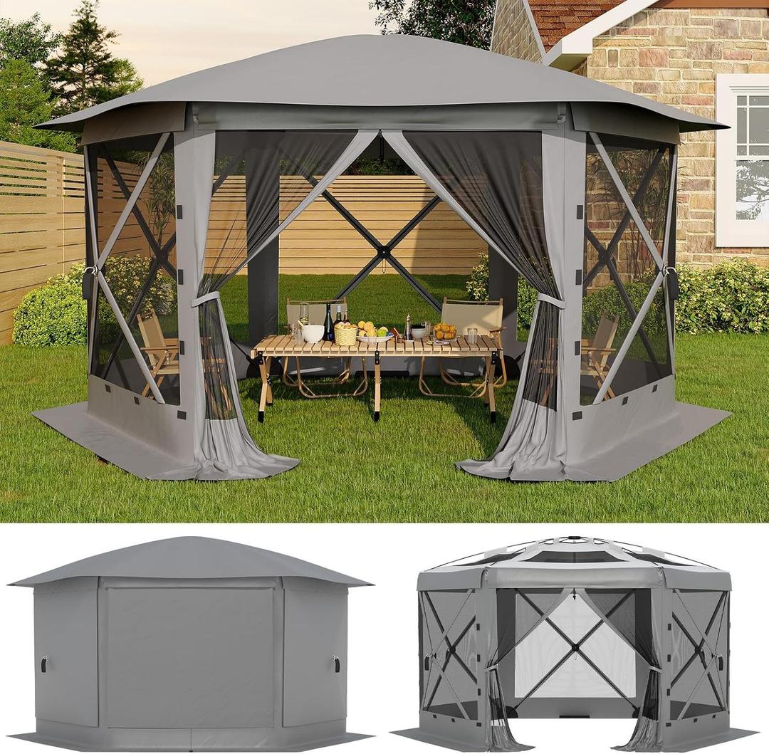 GarveeLife 13x13FT 6-Sided Pop Up Gazebo TentOne-Push Setup Canopy Tent with Removable Canopy Top & Wind Cloths, Outdoor shelter for Camping, Backyard Parties, Outdoor Events - Grey (Gray)