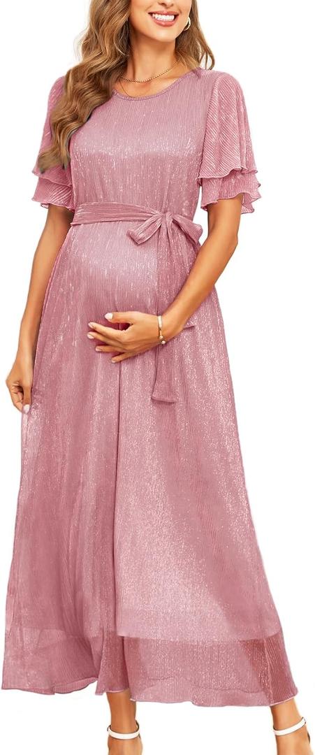 AISWI 2025 Maternity Sparkly Mesh Maxi Flowy Dress with Belt Ruffle Sleeves Pregnant Long Dress Baby Shower Photoshoot Formal (Pink, XL)