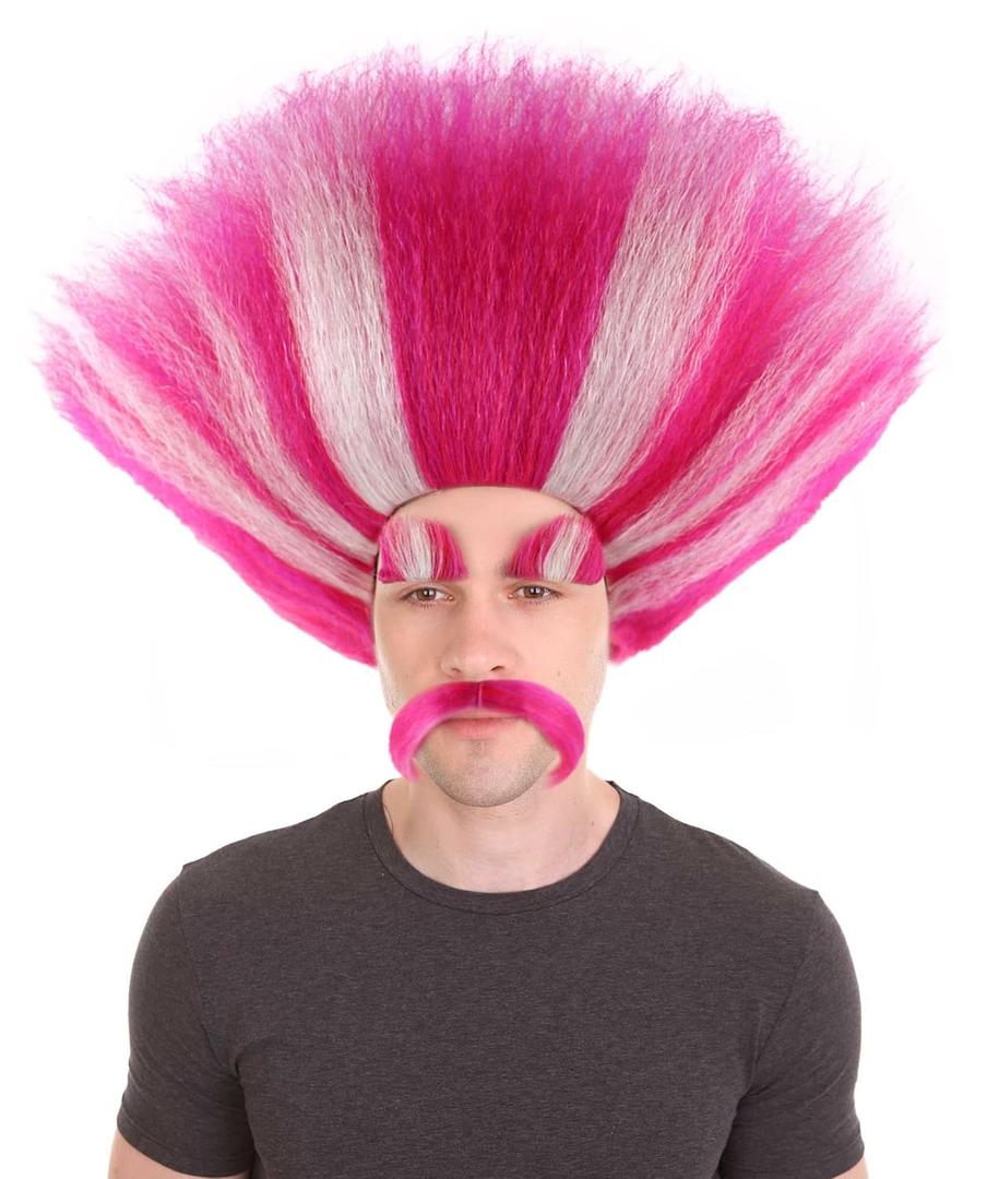 HPO King Troll Wig with Eyebrows and Mustache | Pink with White Stripes Wigs for Teen Sizes | Halloween Troll Cosplay and Themed Party Wig (Silver/Pink Kids)