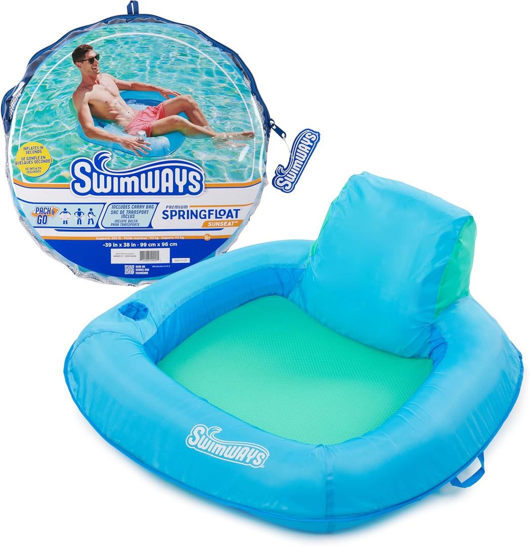 SwimWays Spring Float Premium SunSeat Pool Chairs, Inflatable Pool Floats Adult with Fast Inflation for Ages 15 & Up, Sky Blue