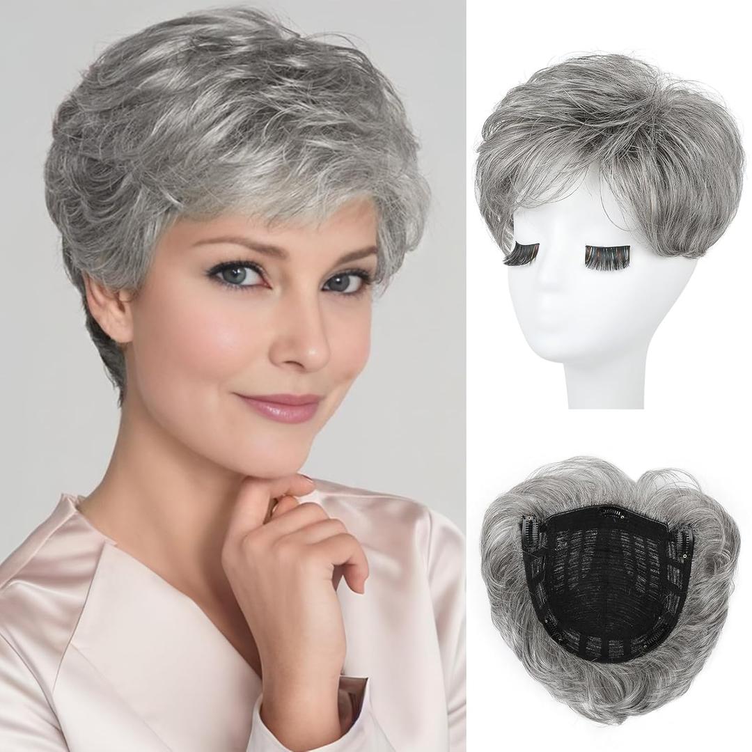 REECHO Hair Topper for Women - 100% Japanese Revolutionary Fiber Short Toupee Wiglet Topper Hairpiece for Women with Thinning Hair Loss Lightweight Large Base for Full Coverage - Grey