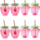 DOITOOL Strawberry Cups 8-Pack Plastic Drinking Mugs with Lids and Straws 16.9 Oz Portable Strawberry Shape Cups for Summer Pool Parties and Hawaiian Birthday Events