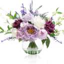 WELL KNOWN Artificial Flowers in Vase, Fake Lavender & Silk Peony Flower Bouquet Centerpieces in Glass Vase with Fake Water for Home Wedding Party Dining Table Decor & Mom's Gift (Purple Mixed Plus)