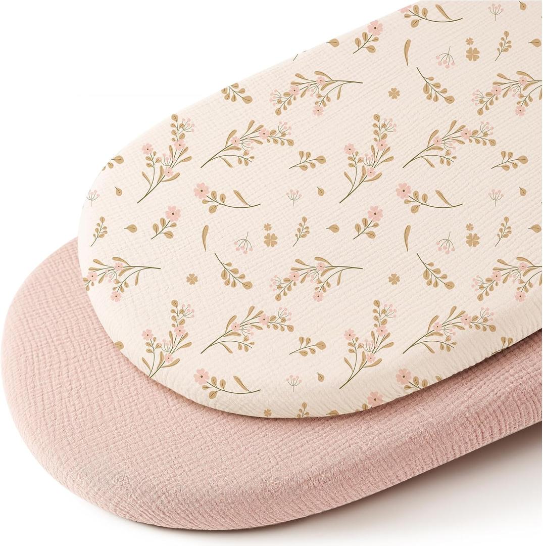 Konssy Muslin Bassinet Sheets for Baby Girl Boy, 2 Pack Soft Breathable Baby Bassinet Mattress Sheets Fit for Hourglass Oval Cradle, Moses Basket Rectangle Mattress (Floral, Pink)