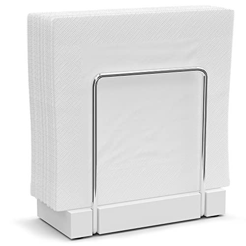 Napkin Holder for Table, Bamboo Iron Standing Napkin Dispenser for Kitchen Dining Table Farmhouse Cocktail Picnic Rustic Wood Holders for Mail Bills Suitable for All Dining Room Decors Silvery & White