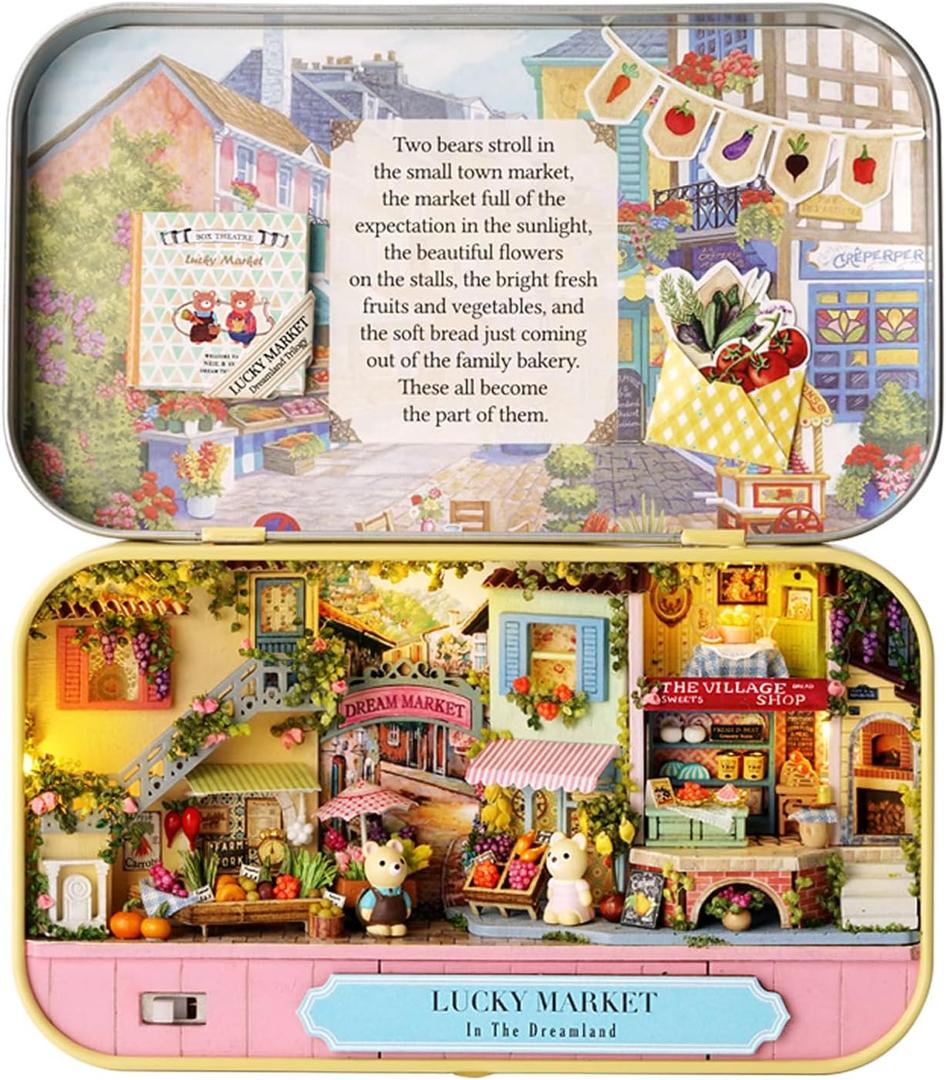 MAGQOO Miniature Dollhouse Kit Box Theater Kit Miniature Room Kit 3D DIY Wooden Doll House Kit with Furniture 1:100(Lucky Market)