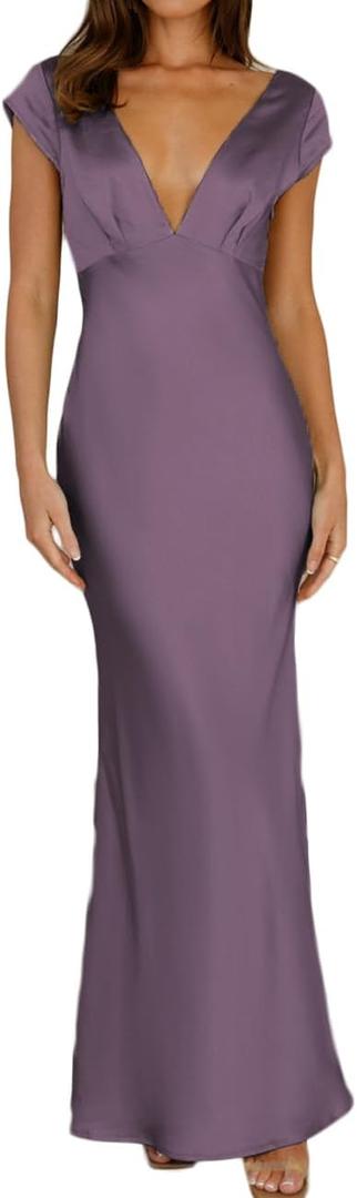 Halfisland Womens Summer Satin V Neck Cap Sleeve Backless Maxi Dress Elegant Twist Cut Out Midi Dresses Wedding Guest (Grape)