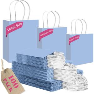 qiqee 100PCS Gift Bag with Handles Bulk Light Blue Paper Bags Assorted Sizes(33pcs Large 13",33pcs Medium 11",34pcs Small 8")