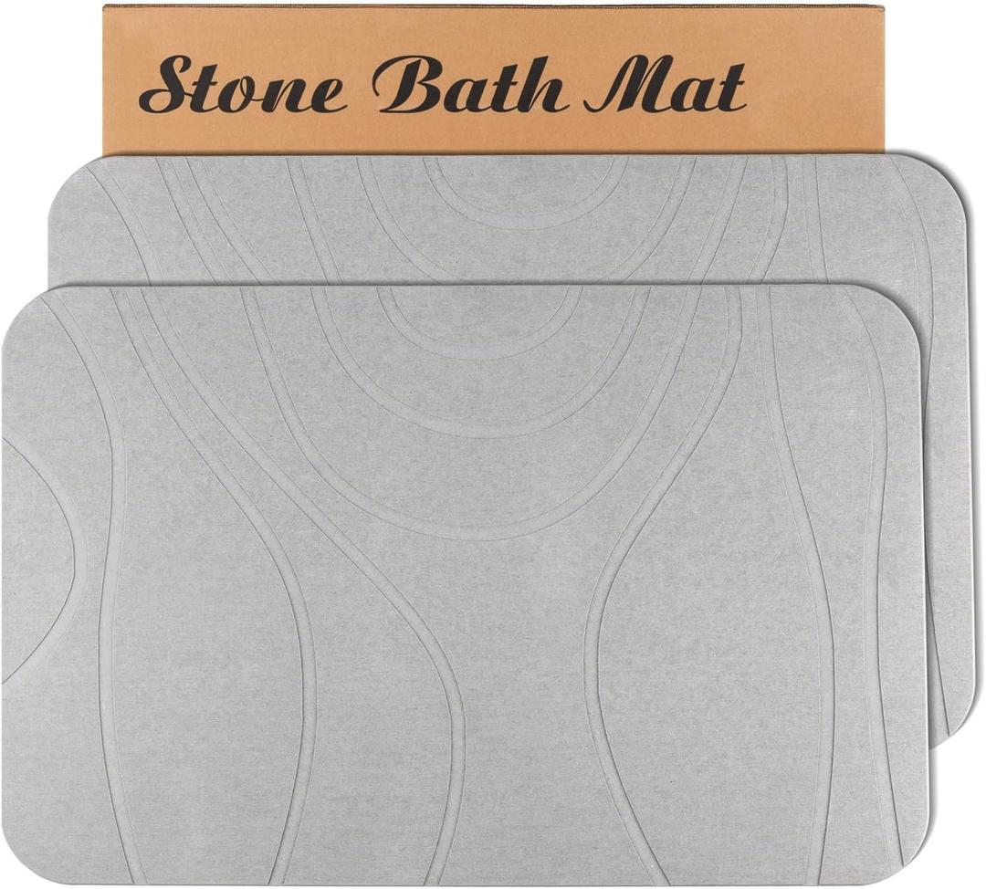 Stone Bath Mat, 2 Pack Diatomaceous Earth Shower Mat, Non-Slip Super Absorbent Quick Drying Bathroom Floor Mat, 24x15, Light Grey