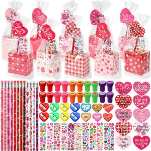 Pasimy 240 Pcs Valentine's Day Stationery Gifts for Kids, Valentines Popcorn Boxes Valentines Gift Tag Heart Shape Pencil Sharpener Eraser Pencil Sticker Stamp for Classroom Exchange Gift Prize Supply