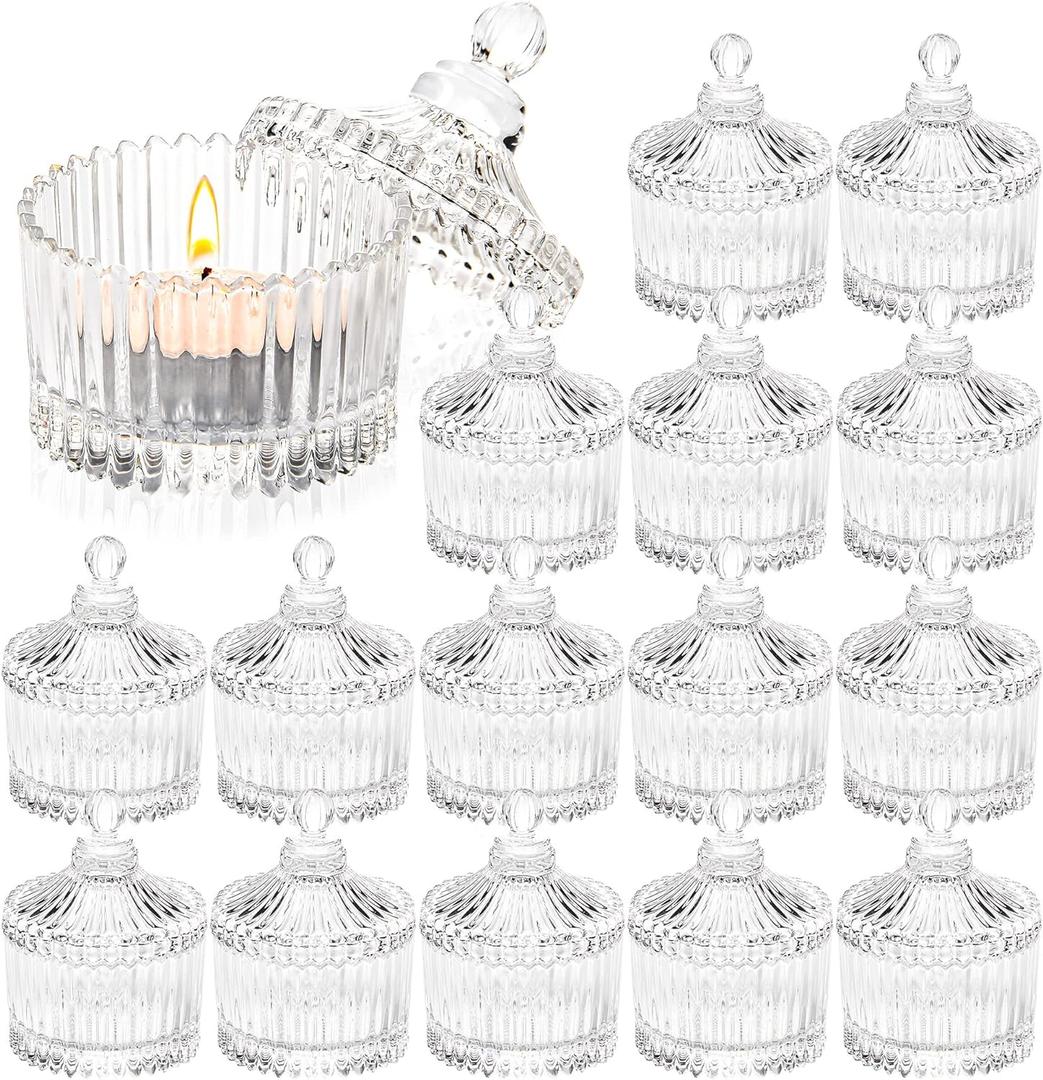 16 Piece Votive Candle Holders with Lids, Tealight Candle Holders in Bulk, Glass Small for Table Centerpiece, Wedding, Home Decor (2.68'' x 1.65'', Clear)