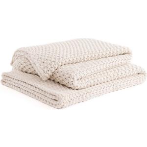 YnM Chunky Cotton Knit Throw Blanket, Cable Knit Throws for Bed Couch Sofa, Comfy & Relaxing, Decorative Piece for Farmhouse Modern Boho Rustic Scandinavian Chic Vibe, Cream White 60x80 Inches (Full / Queen)