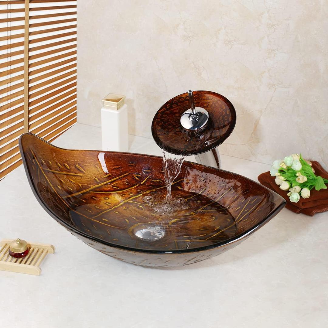 Bathroom Vessel Sink Combo Tempered Glass Leaf Shape Bowl Chrome Waterfall Faucet Pop Up Drain Set, 23x23x6 inches