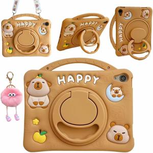 3D Cute Press Capybara Case for iPad mini 7 (A17 Pro) 2024/Mini 6 2021 8.3 inch,Kawaii Cartoon Character Capybara Soft Silicone Rotating Stand Case with Lanyard for Kids Teens Girls Women