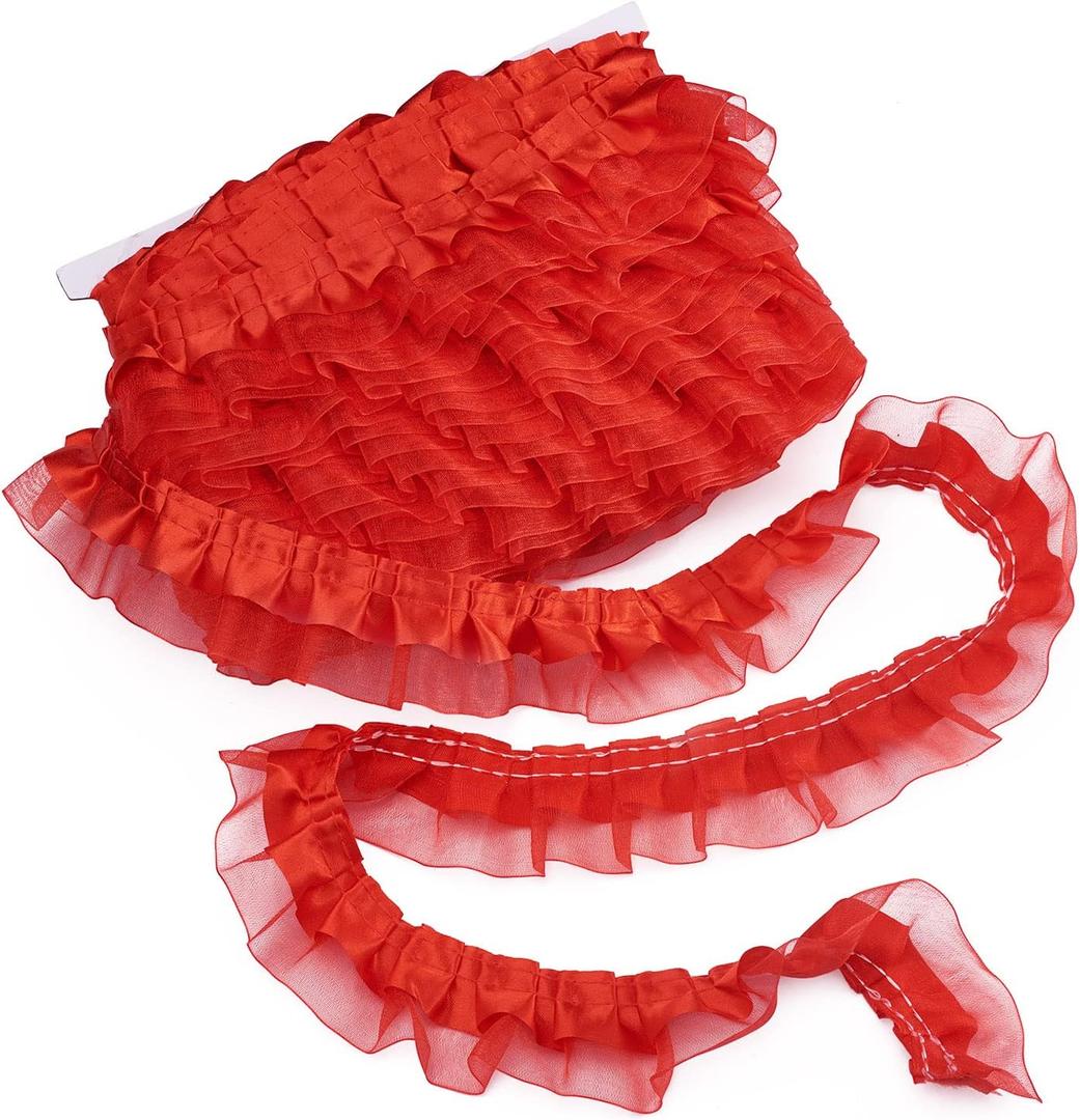 Pandahall 21.8 Yards Satin Organza Lace Edge Trim 2-Layer Gathered Ruffle Chiffon Ribbon 1-5/8 Inch Red Pleated Edging Trimmings Fabric for Cloth Sewing Embroidered Applique Wedding Party Decor