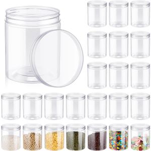 Irenare 24 Pcs 16 oz Clear Plastic Jars with Ribbed Lids Wide Mouth Food Plastic Mason Jars 16 oz Airtight Paint Storage Containers for Dried Fruit, Honey, Nuts, Kitchen Household (Clear Lids)