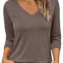 AUTOMET Womens 3/4 Length Sleeve Tops 2026 Summer V Neck Tee Shirts Dressy Casual Work Tunic Blouses Spring Clothes Nutmeg 2XL (Brown, XX-Large)
