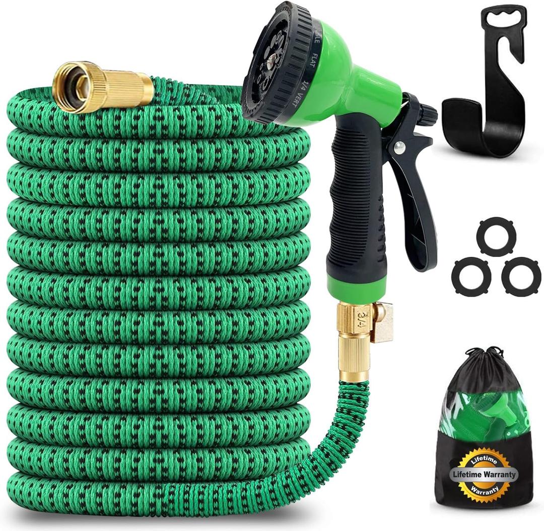 J&B XpandaHose 150ft Expandable Garden Hose with Holder - Heavy Duty Superior Strength 3750D - 4 -Layer Latex Core - Extra Strong Brass Connectors and 10 Spray Nozzle w/Storage Bag (Green 150)