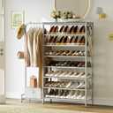Shoe Rack with Coat Rack, 8 Tier Tall Shoe Storage Organizer with Hooks, 3-in-1, Wooden Top Shelf, Sturdy Frame, Metal Clothes Hanger Stand for Entryway, Closet, Silver